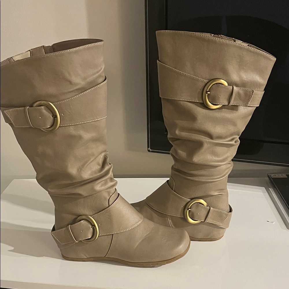 Journee Collection slouch Wide Calf Taupe Boots with‎ Gold Buckles Size 8